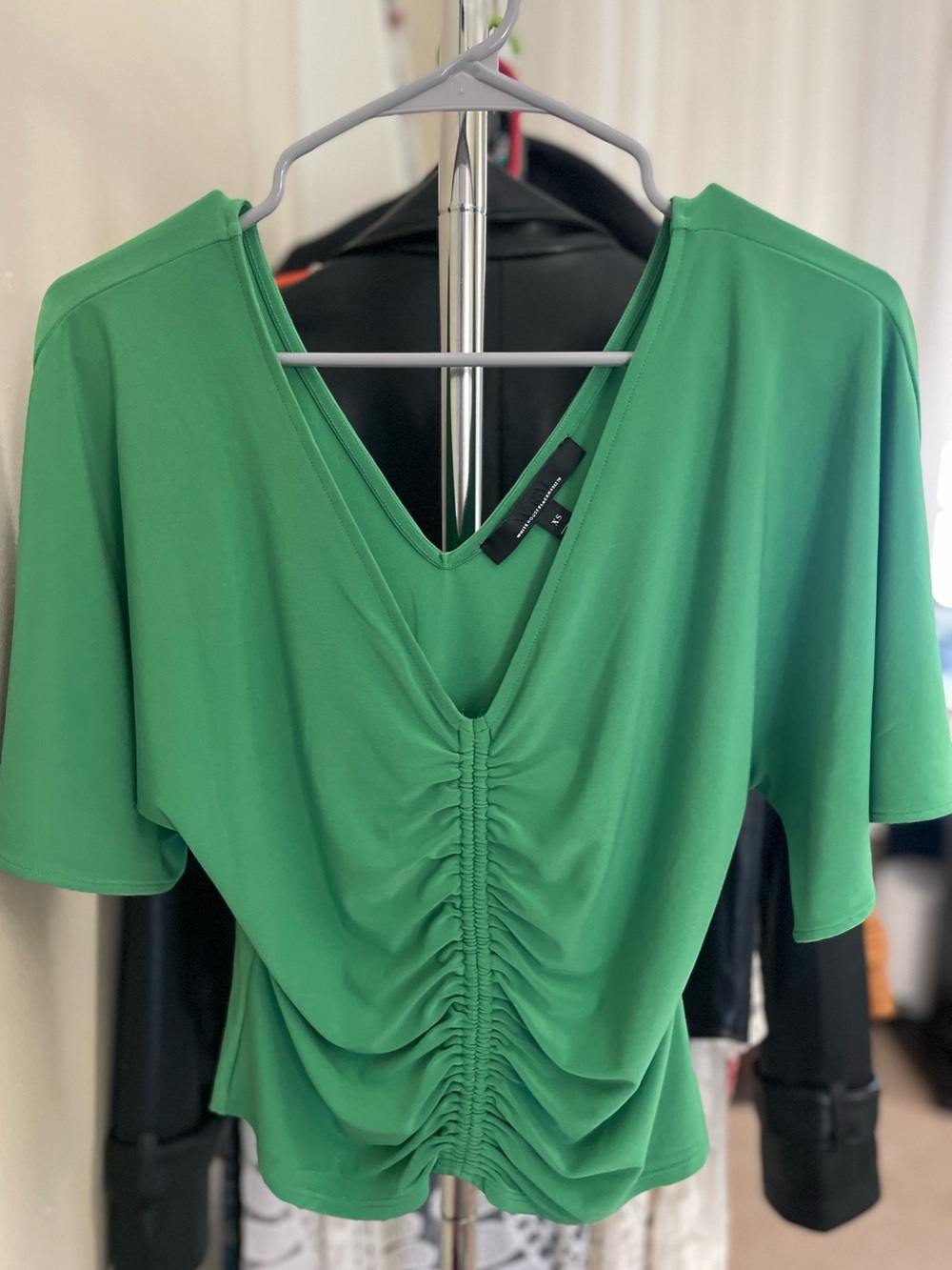 WHBM- Green Ruched V-Neck Short Sleeve Top